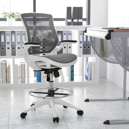 Flash Furniture Gray/White Mid-Back Drafting Chair - Flip-Up Arms BL-LB-8801X-D-GR-WH-GG